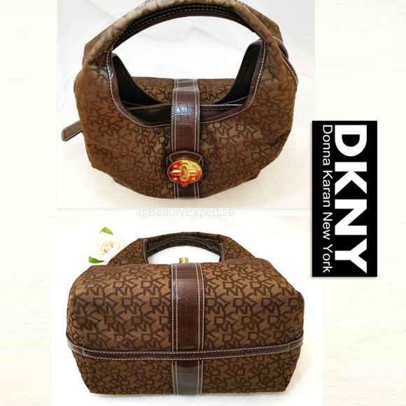 DKNY Brown Hobo Bag Monogram Jacquard Gold Buckle Turnlock Flap Shoulder… - Picture 6 of 13